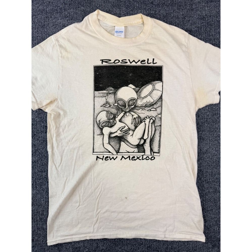 Vintage Roswell New Mexico Alien Graphic T Shirt Small Cream Sci Fi Y2K 90s PV